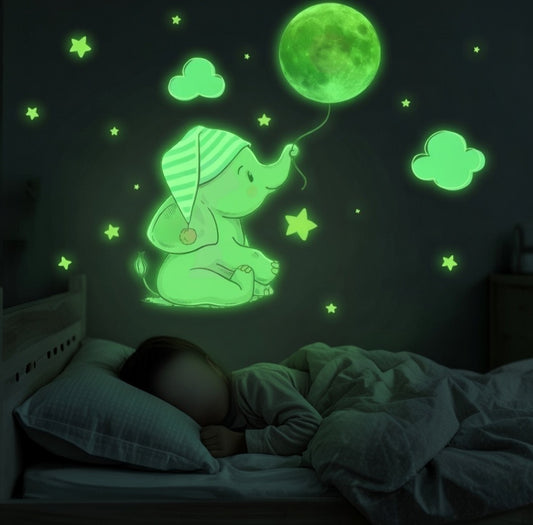 Autocollant Mural Lumineux Éléphant & Lune – Veilleuse Douce pour Chambre Bébé