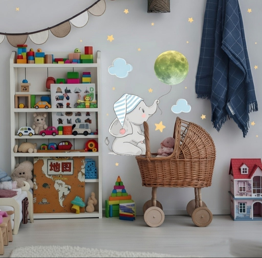Autocollant Mural Lumineux Éléphant & Lune – Veilleuse Douce pour Chambre Bébé