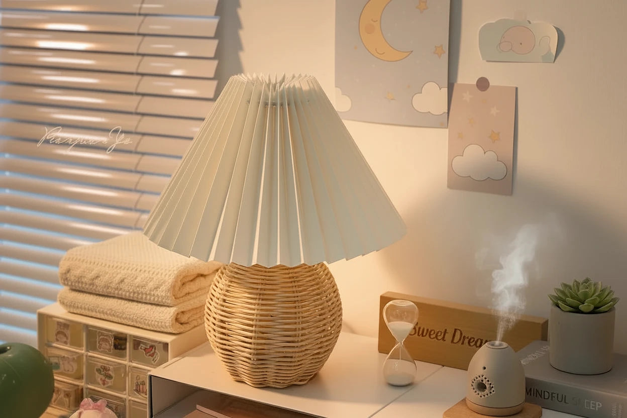 Lampe LED Tissu Plissé Rotin – Style Rétro USB