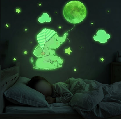 Autocollant Mural Lumineux Éléphant & Lune – Veilleuse Douce pour Chambre Bébé
