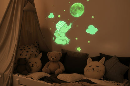 Autocollant Mural Lumineux Éléphant & Lune – Veilleuse Douce pour Chambre Bébé