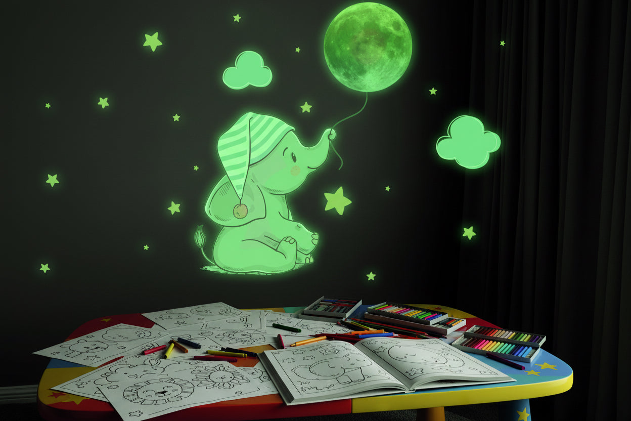 Autocollant Mural Lumineux Éléphant & Lune – Veilleuse Douce pour Chambre Bébé