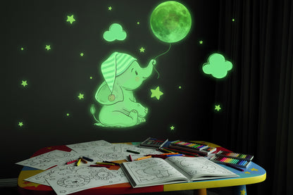 Autocollant Mural Lumineux Éléphant & Lune – Veilleuse Douce pour Chambre Bébé