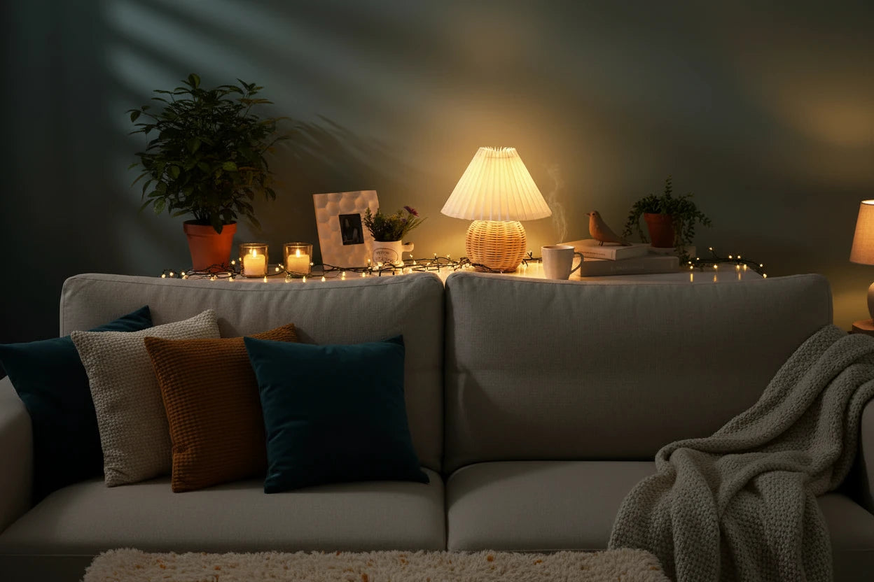 Lampe LED Tissu Plissé Rotin – Style Rétro USB
