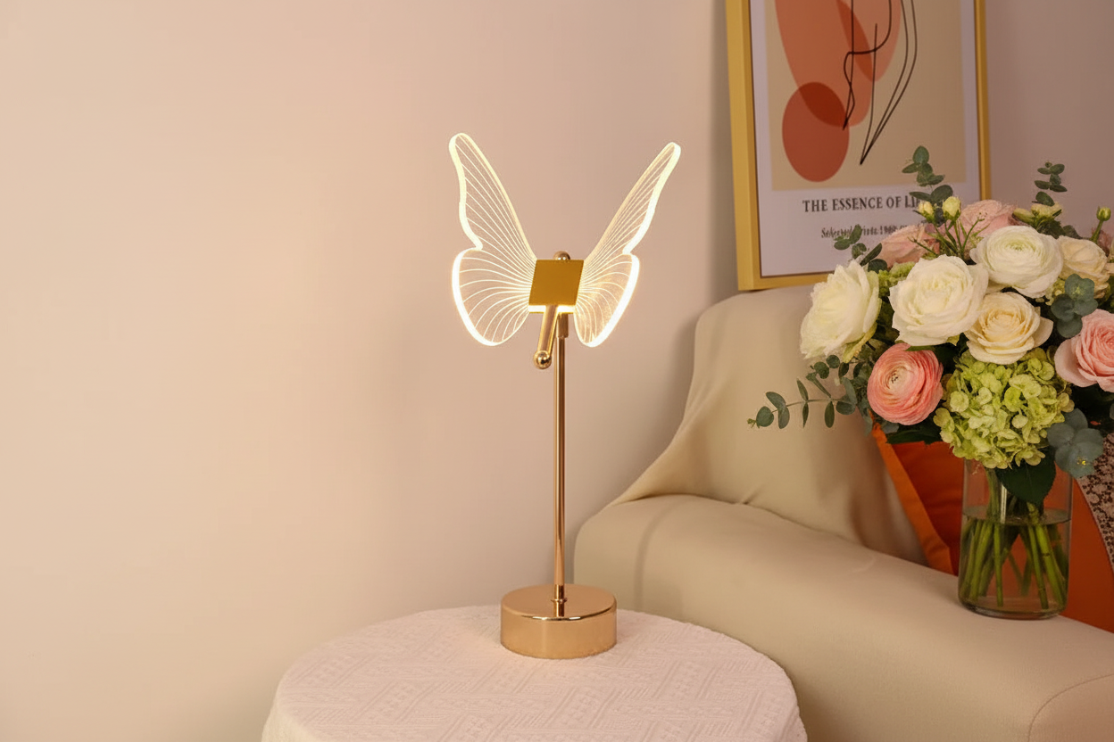 Lampe LED Papillon Dorée Acrylique – Art Déco Élégant